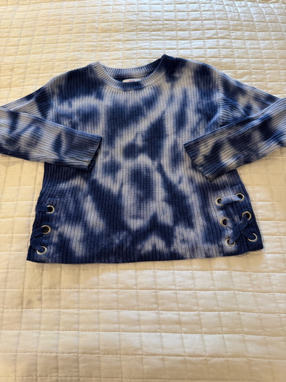 Justice Blue and White Tie-Dye Knit Sweater with Lace-Up Sides